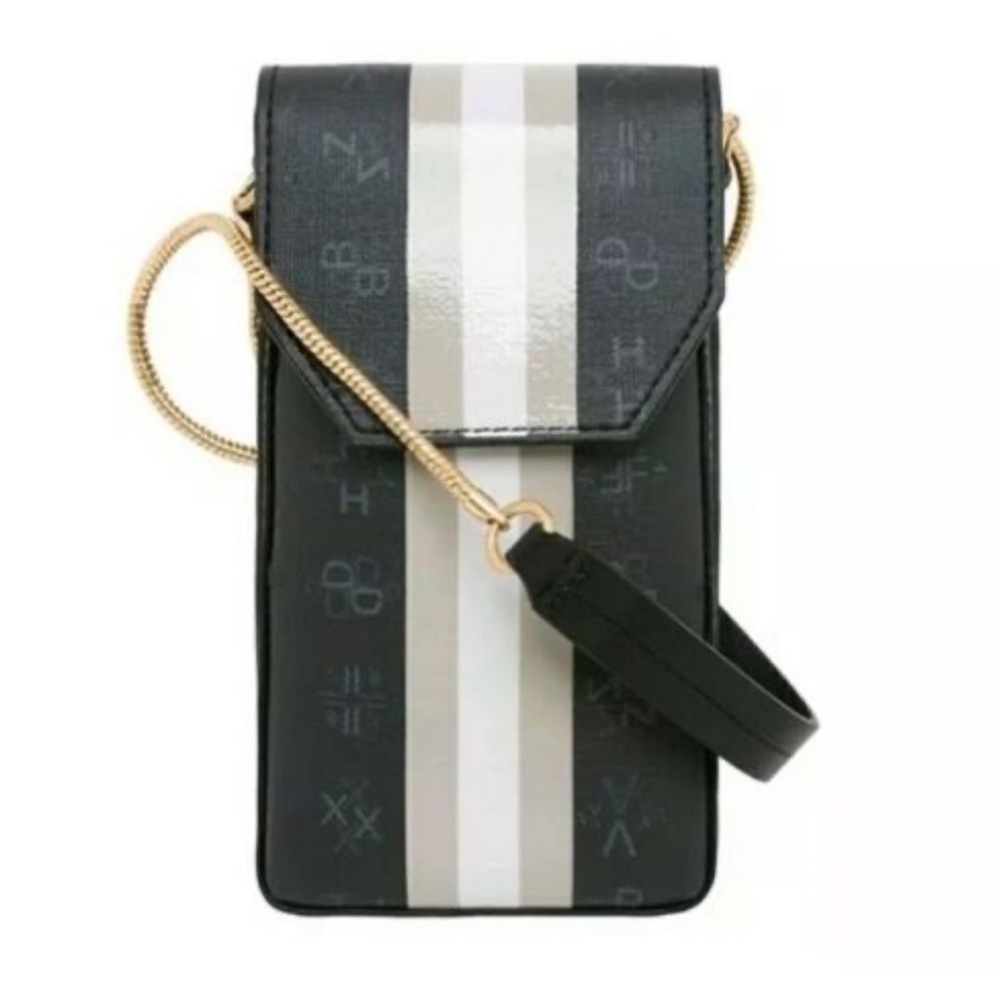 India Hicks Graphicks Phone Case Crossbody Black Coated Canvas Gold Chain Strap
